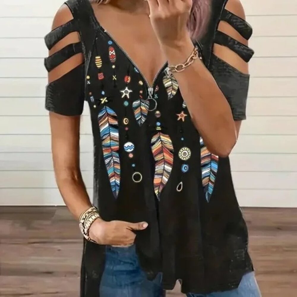 New Stylish Feather Print Shirt Top Cut Out Sleeves and Casual Zipper XL 1X